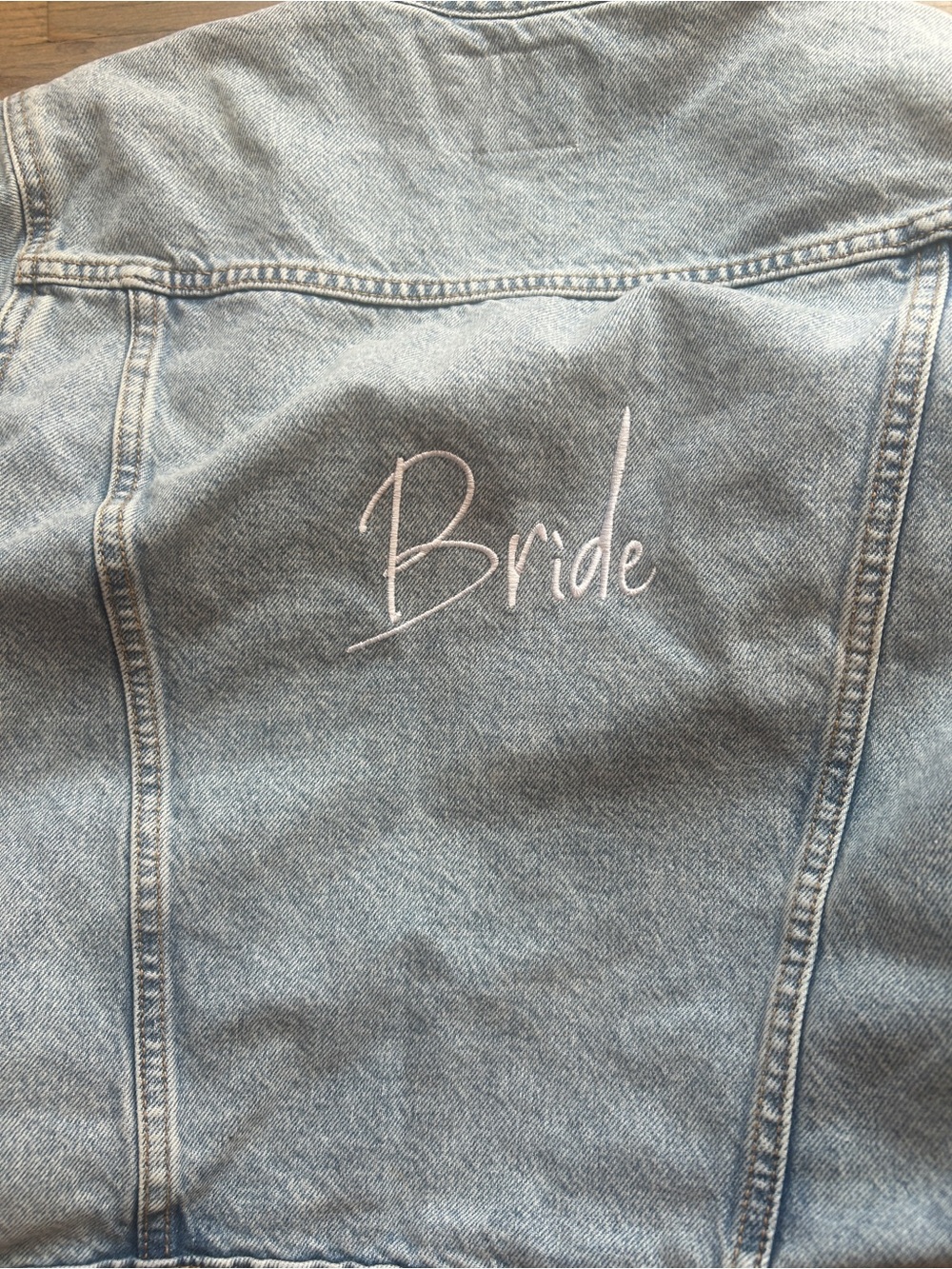 Old Navy Light Blue Denim Jacket with "Bride" Embroidery
